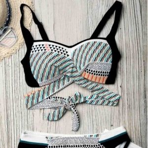 Print low waist padded white/blk bikini set